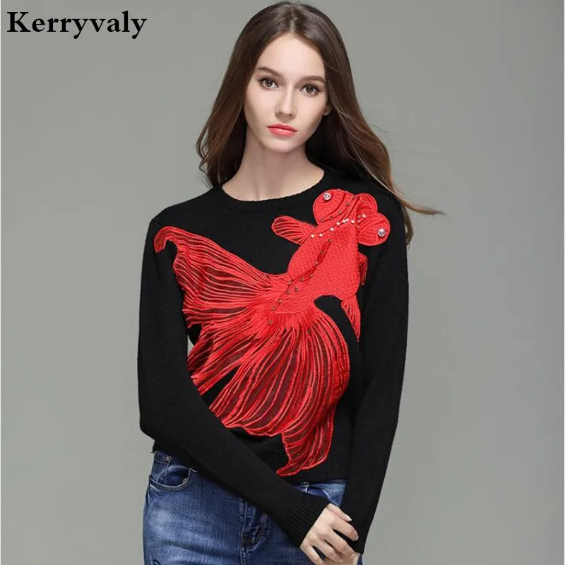 Women Redfish Embroidery Winter Sweater Sueter Mujer Invierno 2019 Beaded Diamond Rabbit  Black Long Sleeve Sweater Shrug K5206