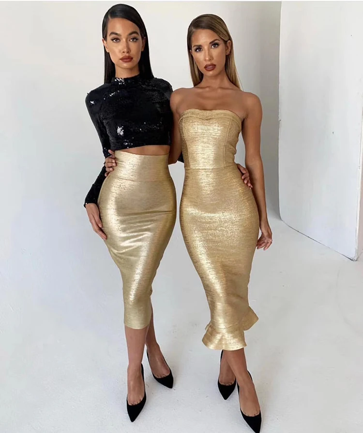 

high quality 2019 New gold Women Strapless Ruffles dress Vestidos Celebrity Evening Party Bodycon Bandage Dresses wholesale