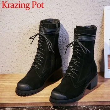 

2018 cow suede classic brand natural leather european design motorcycle boots rock style med heels winter mid-calf shoes L80