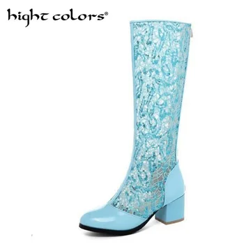 

Sexy mesh large size cool boots female hollow thick sandals sequins mesh splicing summer high boots for women zapatos de mujer