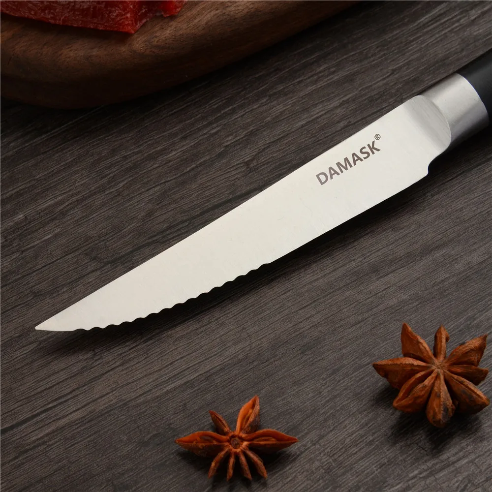 Дамасский супер острое лезвие, кухонный нож для хлеба, стейка, шеф-повара, кухонный нож 3Cr13, столовые приборы из нержавеющей стали, черная деревянная ручка, комплект ножей