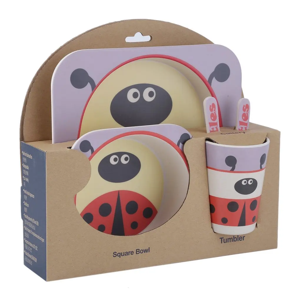 

Baby Feeding Bowl Plate Dishes Fork Spoon Cup 5Pcs/Set Children Tableware Bamboo Fiber Kids Cartoon Separation Feeding Plate