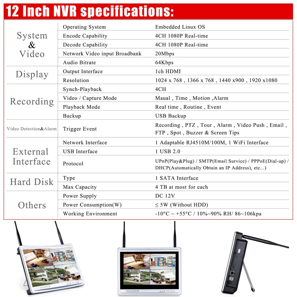 Anran 1080 P P2P 4CH WI FI NVR 12 дюймов ЖК дисплей Мониторы 36 ИК открытый мини Беспроводной ip
