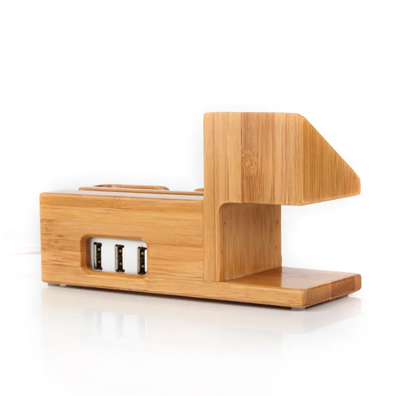 Bamboo Phone Holder 3-Port USB Charger Charging Holder Tablet Desk for iPhone 8 Samsung Cellphone stand holder Phone Cords Wood Charging Station Docks Phone Holder Stand (5)