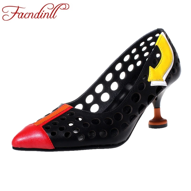 Beste FACNDINLL lederen schoenen vrouw pompen mode hoge hakken puntschoen uitsparingen sexy feestjurk schoenen pompen vrouwen maat 39