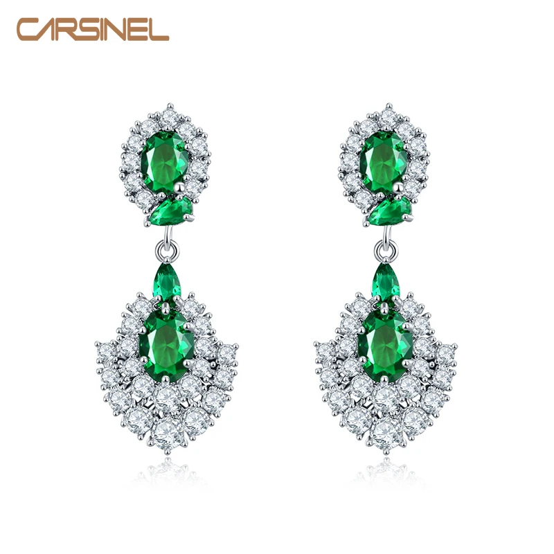 

CARSINEL Brand Green Cubic Zircon Stud Earrings For Women Silver color Geometric Jewelry Earring Pins Christmas Gifts ER0577