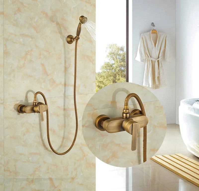 Wideapread Bathroom Antique Brass Shower Set Single Handles W/Hand