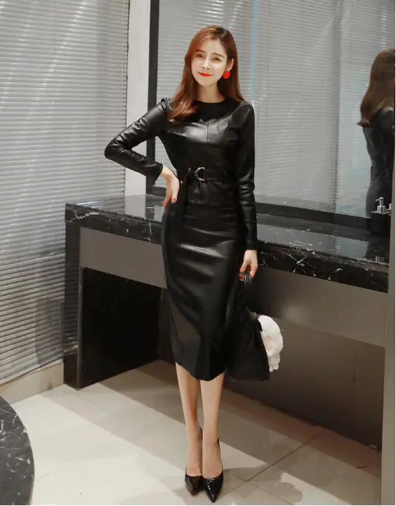 Осень-зима, Корейская женская блуза с длинным рукавом+ юбка-карандаш, кожаный комплект из двух предметов, Женская офисная одежда A1524