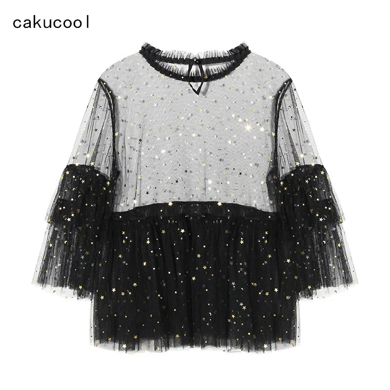 Cakucool Design See through Mesh Blouse Shirts Women Black White Cute  Blusas Multi Layers Flare Sleeve Sequined Loose Lady Shirt|blouse shirt  women|designer ladies shirtladies designer shirt - AliExpress