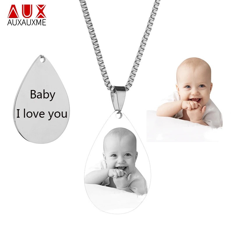 

Auxauxme Custom DIY Tag Photo Pendant Necklace Stainless Steel Customized Words Name Plate Necklace For Baby Birthday Gift