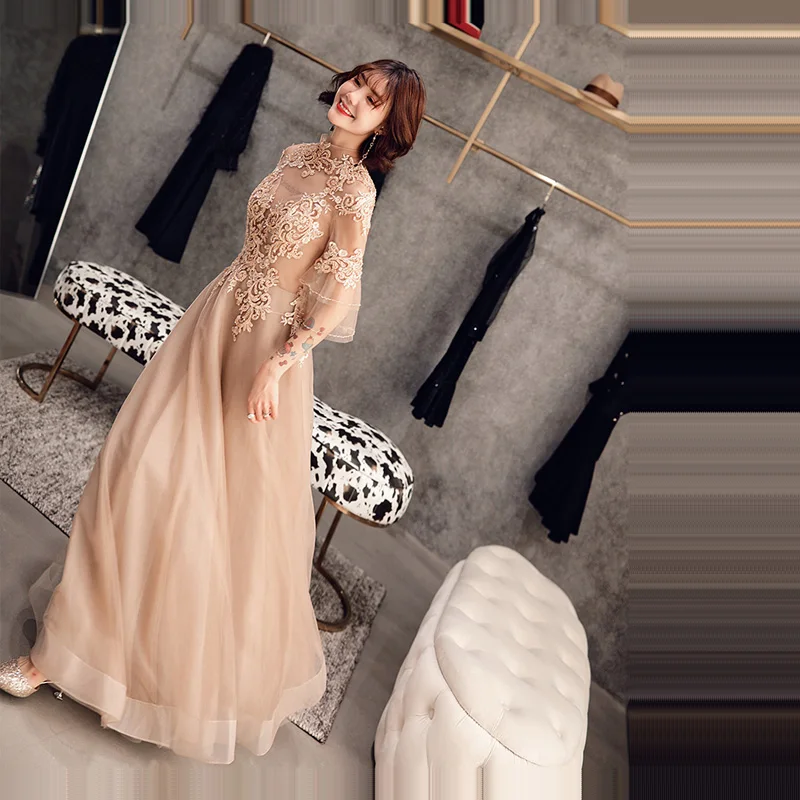 Evening Dress 2019 Long Elegant High Collar Three Quarter Sleeve Prom Dresses Plus Size Women Party Dress Robe De Soiree E525