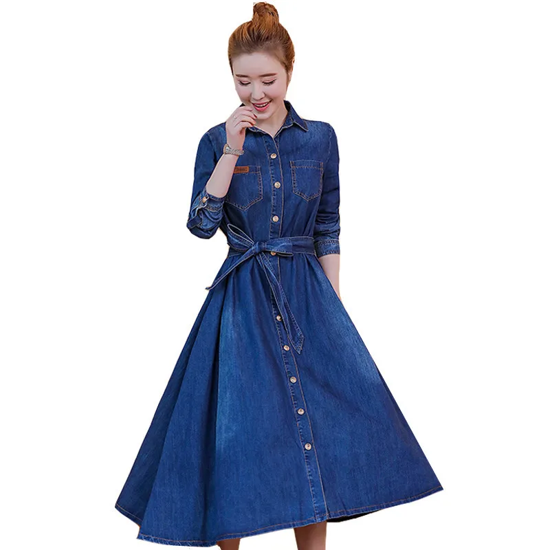 Autumn Women Casual Denim Dress Long Sleeve Slim Female Dresses Jeans
