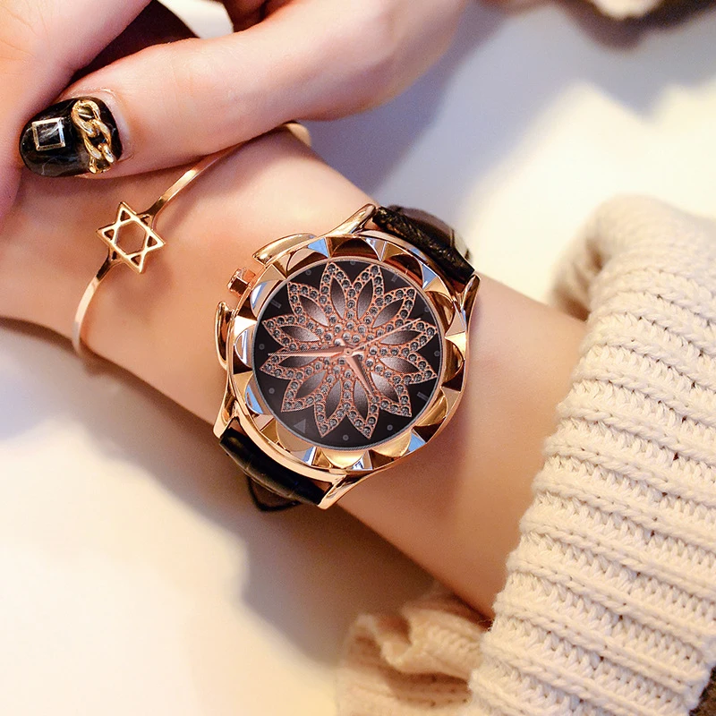 

Luxury Brand Golden Watches Women Starry Rhinestone Flower Quartz Watches Ladies Creative Wristwatches Leather Strap Crystal