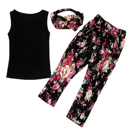 TELOTUNY/комплект одежды для девочек; Черный однотонный жилет; топы; брюки с цветочным рисунком; повязка на голову; летняя детская одежда; a801 26