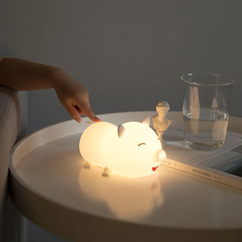 Touch Sensor Colorful Pig LED Night Light Cartoon Silicone USB Rechargeable Bedroom Bedside Lamp for Children Kids Baby Gift