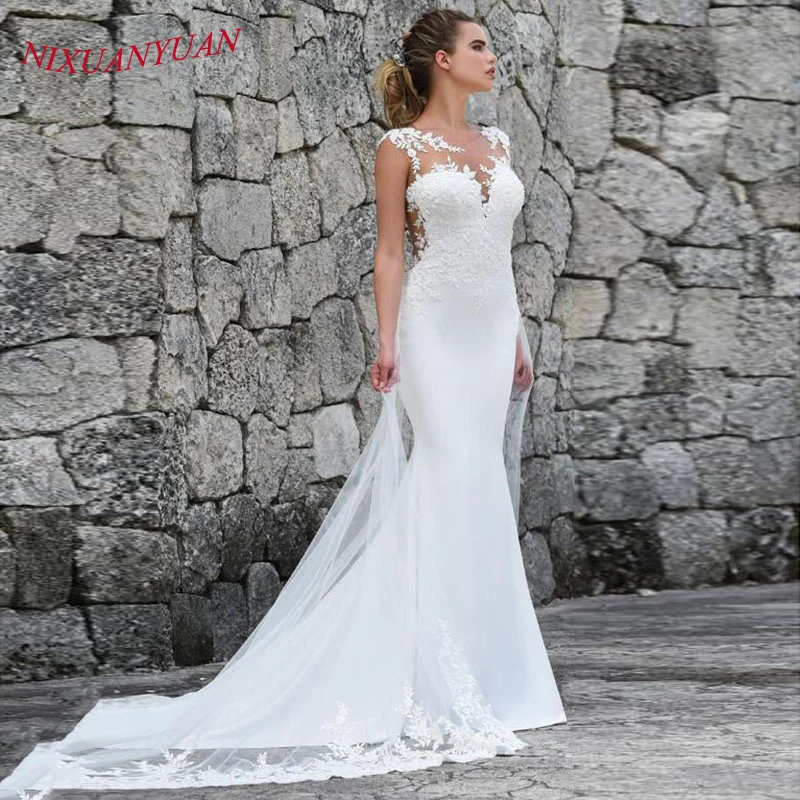 

NIXUANYUAN Mermaid Wedding Dresses 2019 Appliques Lace Bridal Dress O Neck Wedding Gown Sexy vestidos de noiva Back See Through