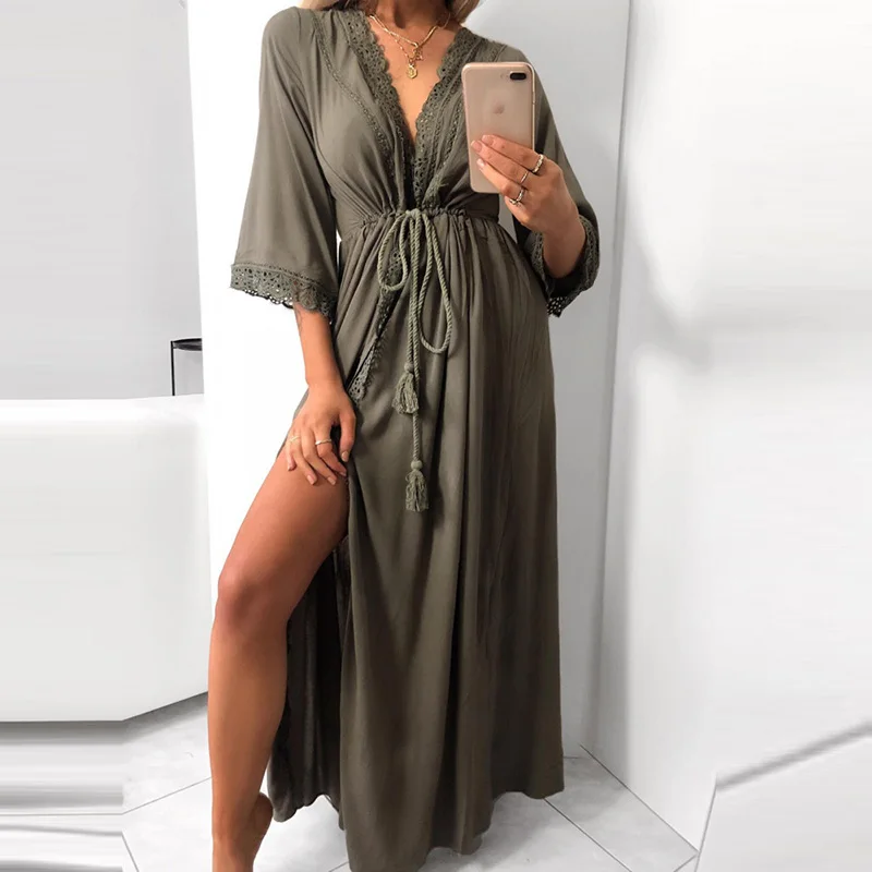 

Summer Lace Patchwork Dress 2019 Casual V Neck Beach Dress Tunic Elegant High Split Maxi Dress Party Ladies Chiffon Dresses Robe