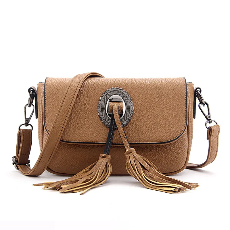 Chic Vintage Ladies Flap Bag Brown PU Leather Tassel Shoulder Bag