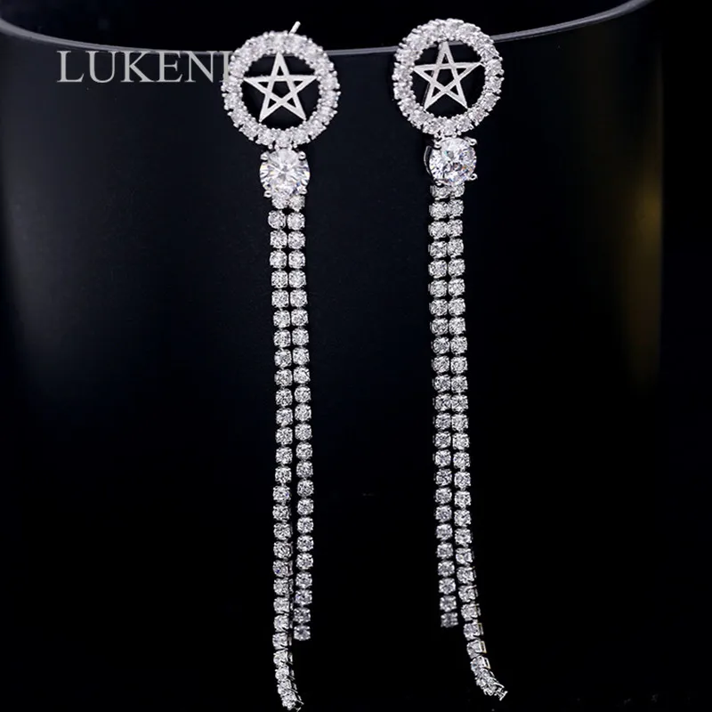 

LUKENI Brand White Color Cubic Zircon Hollow Five-pointed Star long Tassel Earrings For Women Fine Jewelry