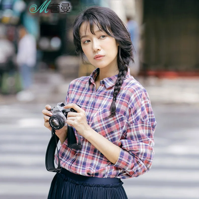 

INMAN "Women 's fall new plaid cotton the joker left shoulder shirt long sleeve shirt