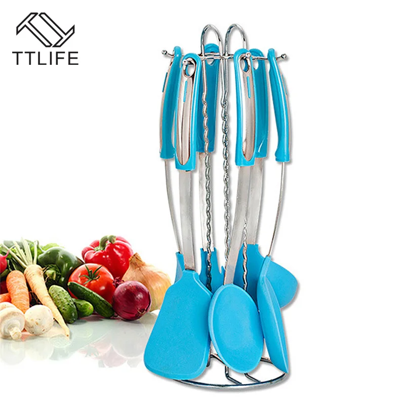 TTLIFE 7 PCS Blue Silicone Kicthen Cooking Utensil Sets with Stainless