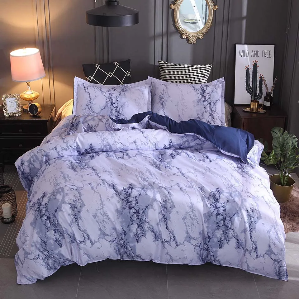 Комплект постельного белья с принтом мрамора, белый, черный, пододеяльник, 3 шт., постельное белье - Color: blue