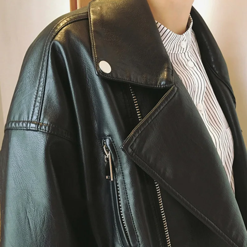 Best Zipper Wide-waisted Leather Women Coats Zipper Brand Turn-down Collar Female Jackets Spring and Aut