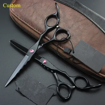 

Custom logo professional japan steel 6'' black wave hair scissors set cutting makas barber thinning shears hairdressing scissors