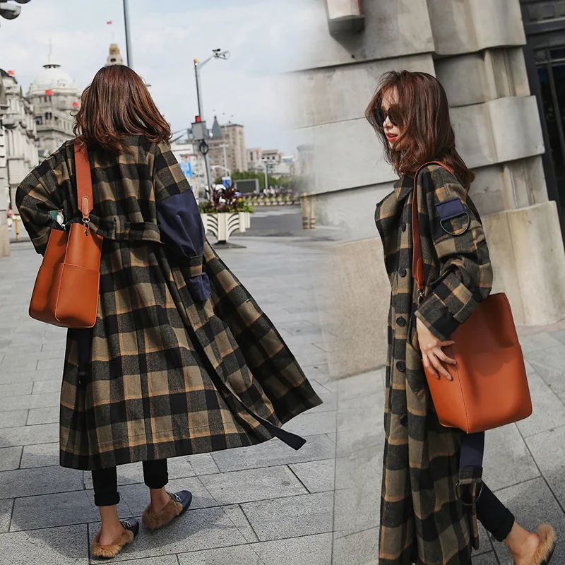 

2019 Autumn Winter New Korean Plaid X-long Wool Coat Single Breasted Woolen Patchwork Overcoat Adjustable Waist