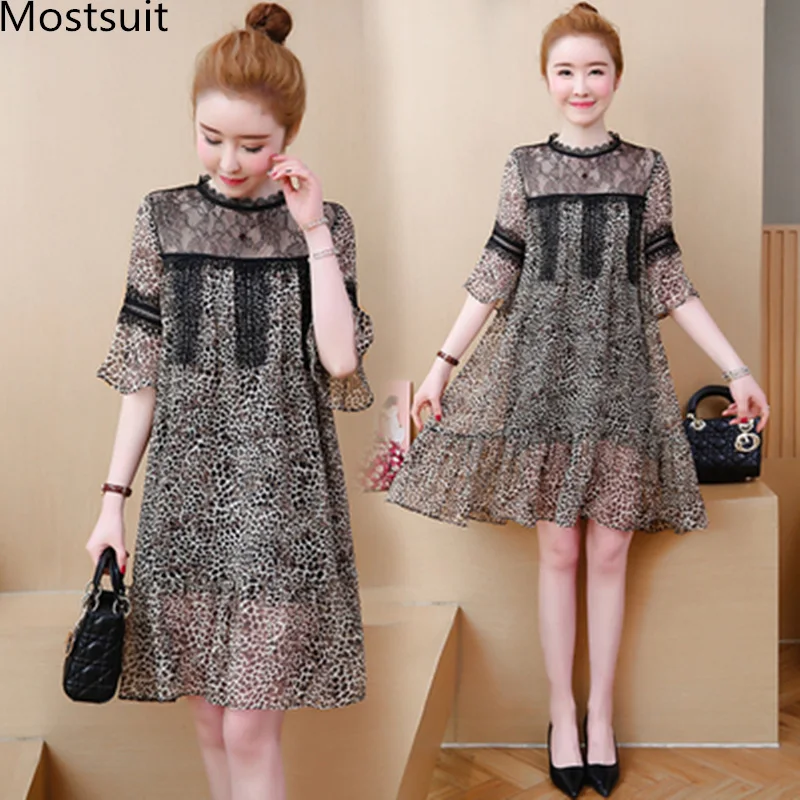 

2019 Plus Size Summer Leopard Print Dress Women Lace Patchwork Hollow Flare Sleeve O-neck Vintage Elegant Sexy Dresses Vestidos