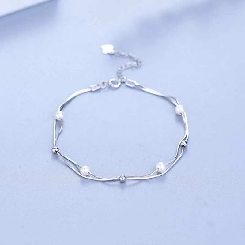 

S925 Silver Bracelet Korean Popular Double-line Snake Chain Ball Handwear Bracelet Wholesale 18cm Length Pearls Bracelet Women