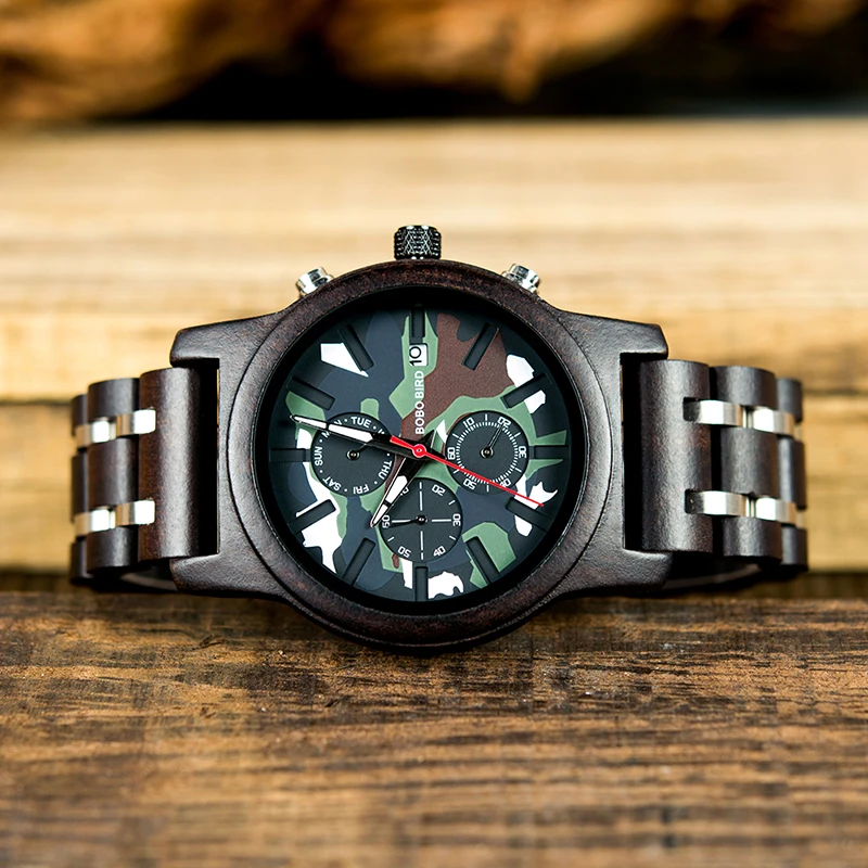 BOBO BIRD Men Wooden Watches Luxury Stylish erkek kol saati Week Display Wristwatches Military Chronograph With Gift Box V-R17