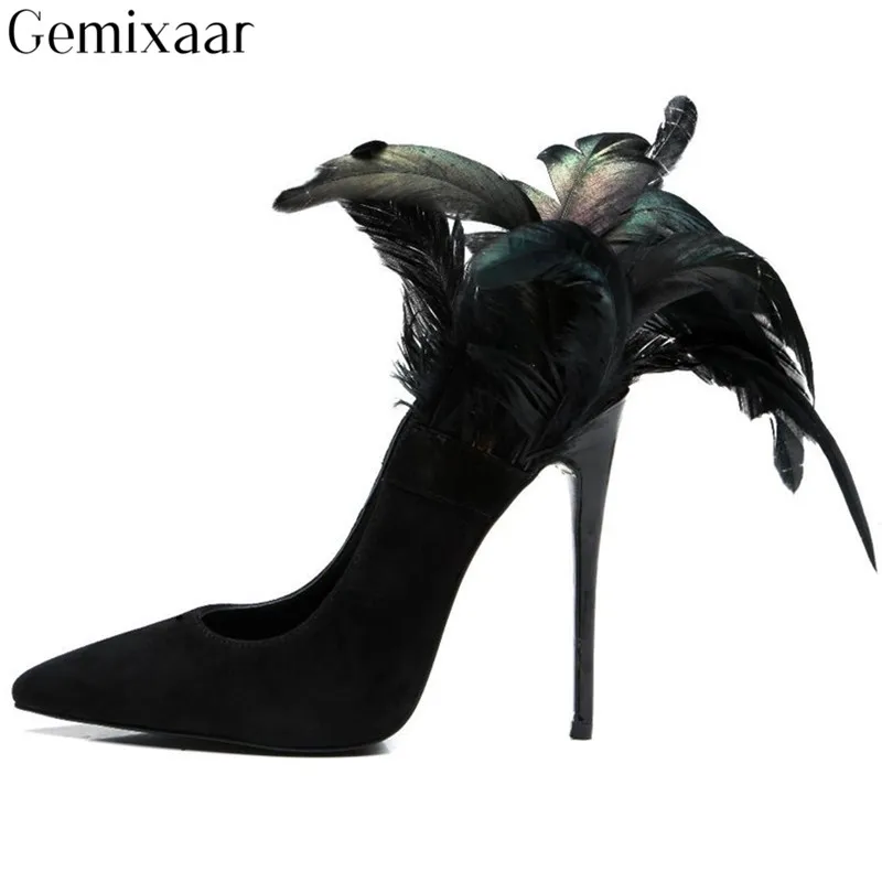 

Black Fur Pumps Women Shoes Slim Shallow Pointy Toe Thin Gladiator Heels Sapatos Comfy Insole Fur Pumps Woman Sapato Feminino 42