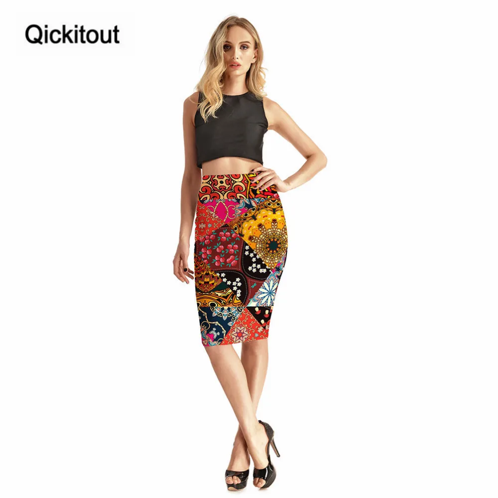 Qickitout юбки трендовые стильные женские сексуальные юбки с 3D принтом Высокая талия сплайсинга цветная тотемная посылка хип-хоп юбка Прямая поставка