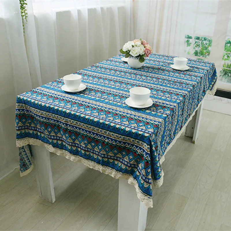 Free Shipping Hot Sale Blue National Wind Tablecloths Cotton Linen High