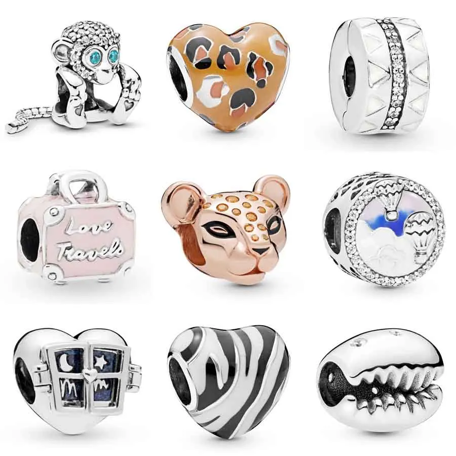 

Sparkling Monkey Rose Lioness Pink Suitcase Wild Stripes Heart Charm Fit Pandora Bracelet 925 Sterling Silver Bead Charm Jewelry