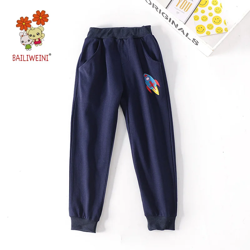 BAILIWEINI/осенние хлопковые махровые разноцветные спортивные штаны для мальчиков и девочек детские повседневные штаны с вышивкой - Цвет: Dark Blue Rocket Cas