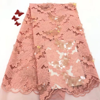 

2019 latest pink sequins french lace fabric high quality nigerian tulle lace fabric for luxury evening dresses FJ3115