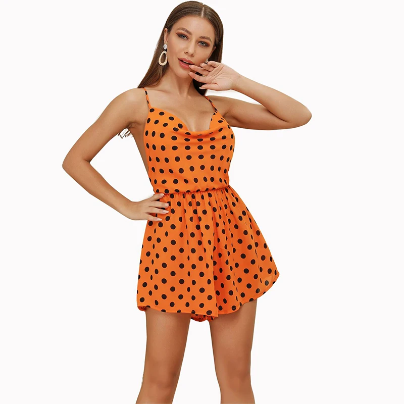 

Bright color women playsuit dot pattern rompers regular playsuits with front belt backless sexy bodysuits for beach 81918