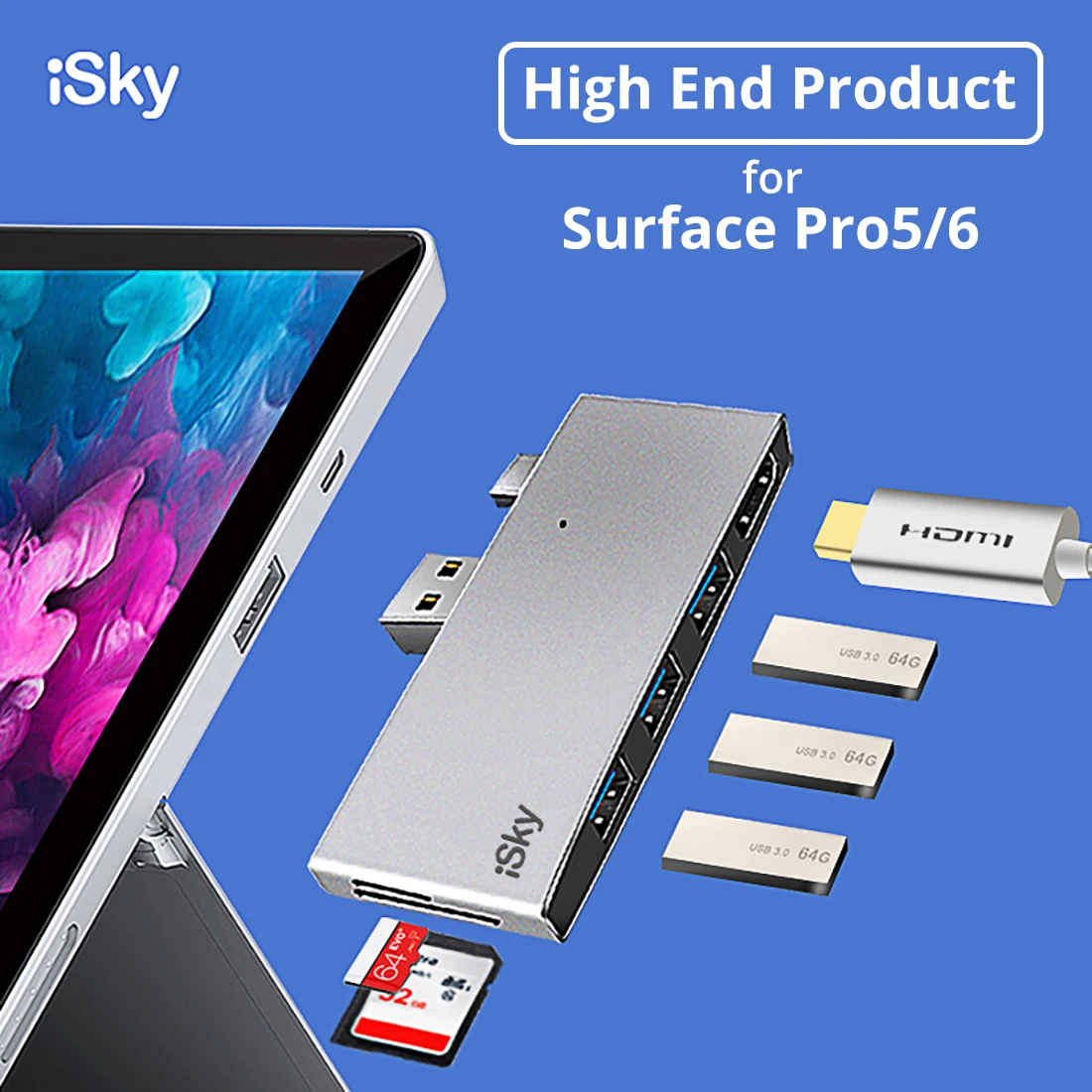 iSky for Microsoft Surface USB Hub Pro5 Pro6 Pro2017 USB Expansion HDMI SD TF USB3.0 6 in 1 Mini DP External USB