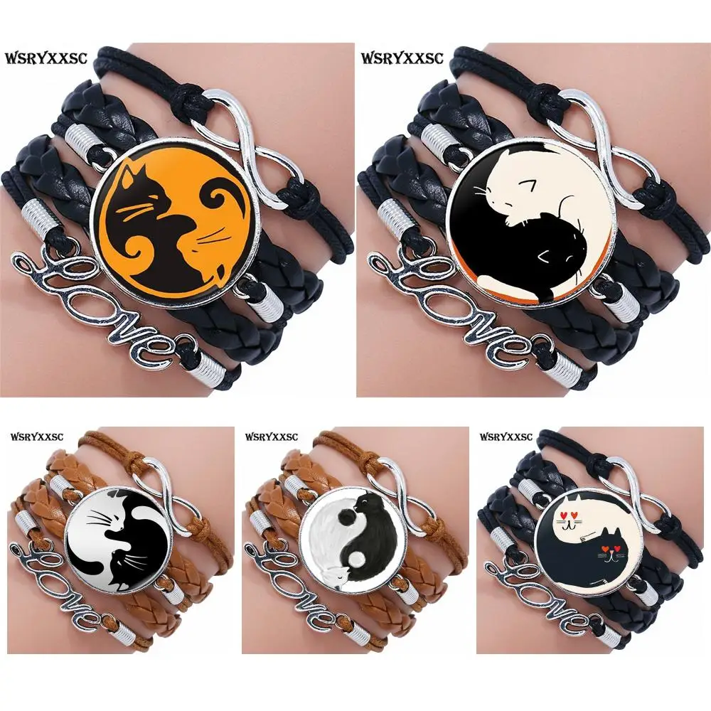

For Women Children Multilayer Black/Brown Leather Bracelet Bangle Glass Cabochon Jewelry Vintage Yin Yang Lovers Kitty Cats