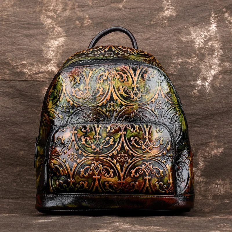 

High Quality Natural Skin Embossed Women Rucksack Knapsack Travel Retro Girls School Daypack Female Genuine Leather Backpack