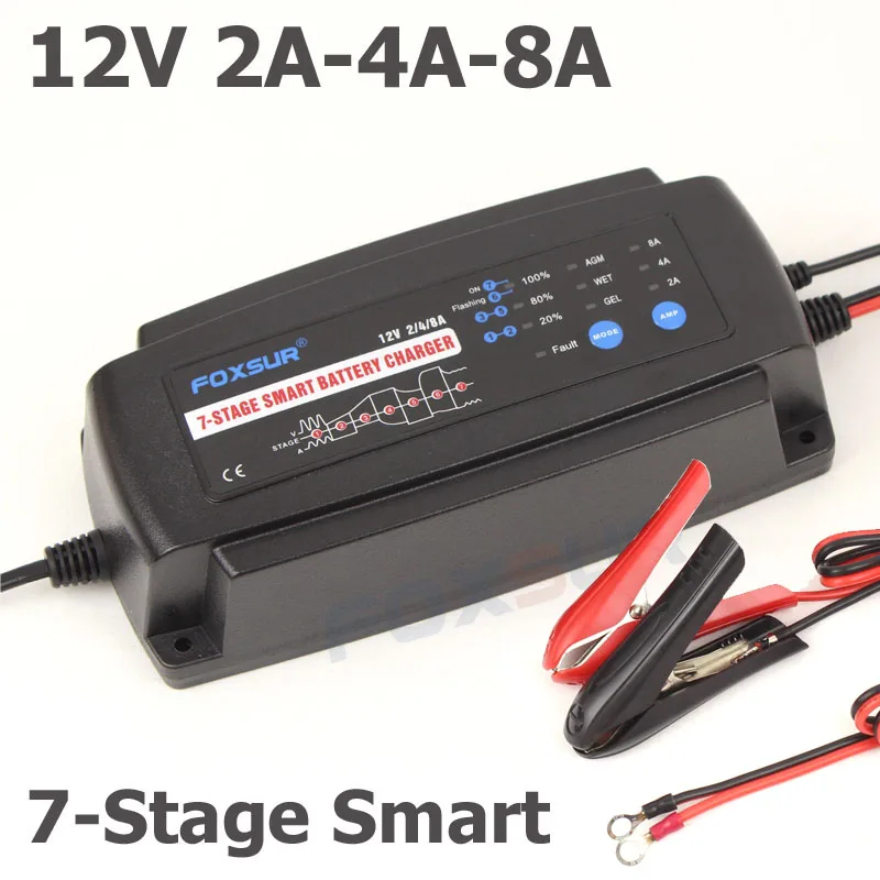 FOXSUR 12V 2A 4A 8A 7-ступенчатое умное зарядное устройство для аккумуляторов гелевое
