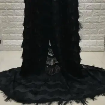 

2018 Latest Black 3 D flowers Long Hair African French Lace Fabric High Quality African Tulle Lace Fabric For Wedding Dress