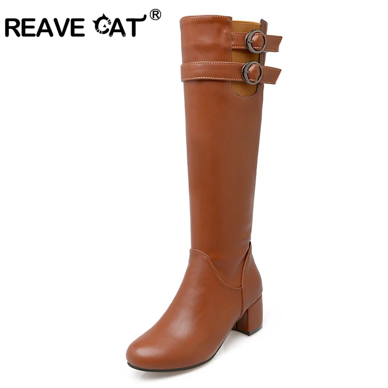 REAVE CAT/новые женские сапоги до колен из искусственной кожи на молнии; женская обувь на высоком толстом каблуке; большие размеры 34-43; mujer botas; A1270