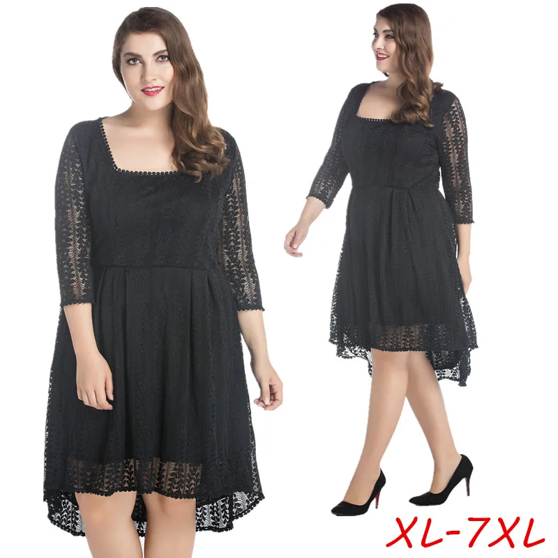 

Spring Summer Square Collar Women A Line Lace Dress Office Lady Slim Fit Knee Length Black Lace High Low Dress