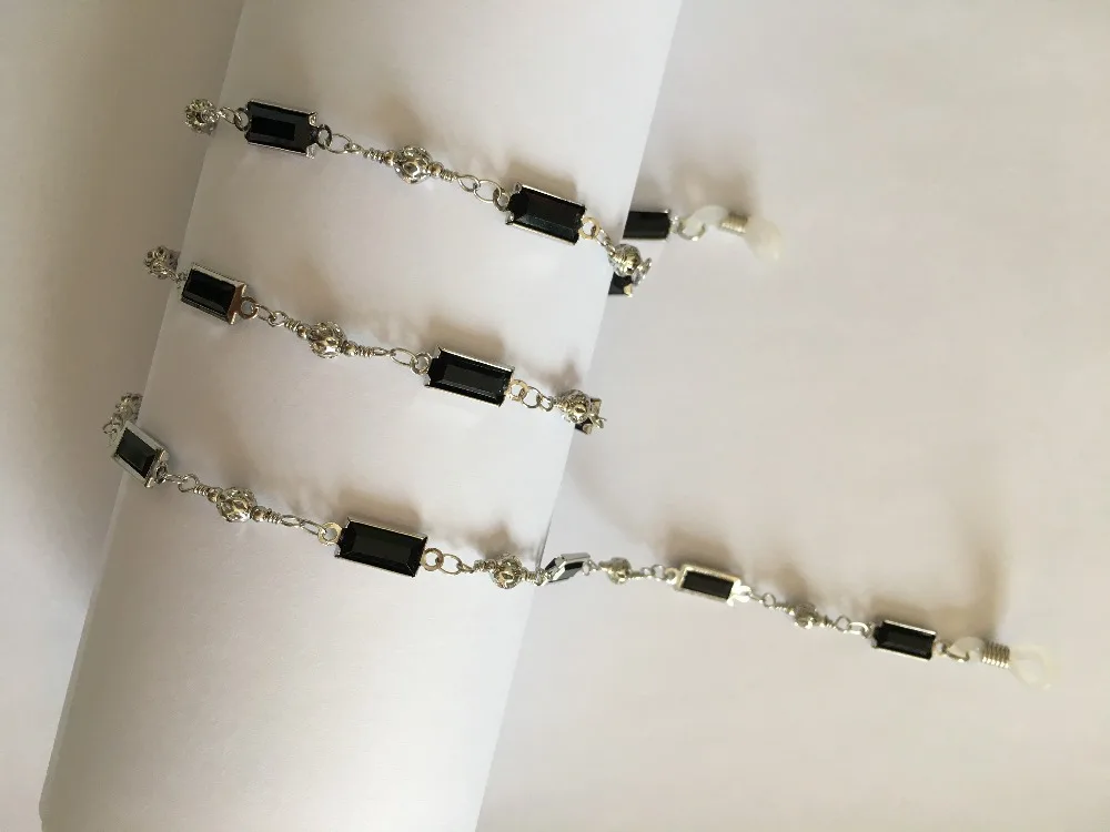 shiny eyeglass brass chain spectacle retainer electro plated with silver embedded black acrylic beads | Аксессуары для одежды