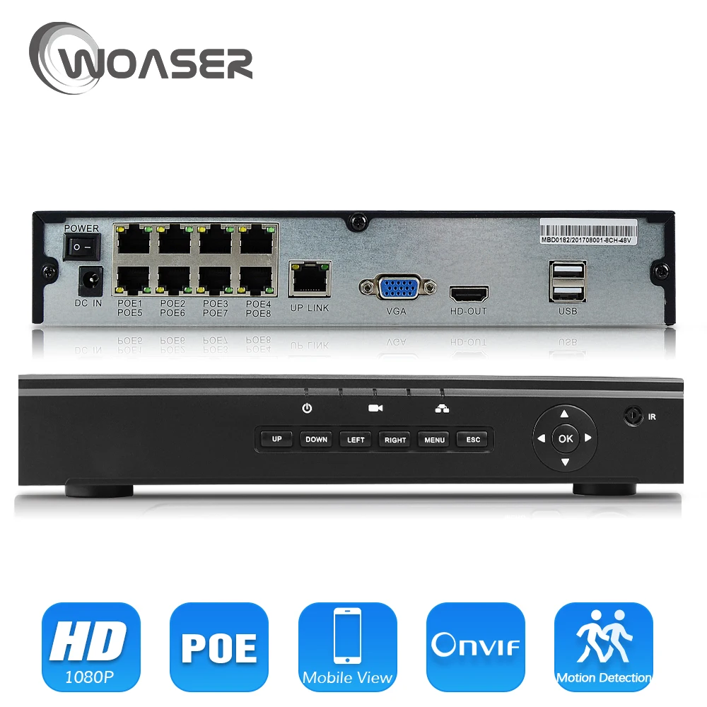 

WOASER 8CH 48V IEE802.3af Active PoE NVR Recorder Motion Detect Alarm Security Surveillance NVR 1080P With 4CH PoE Port