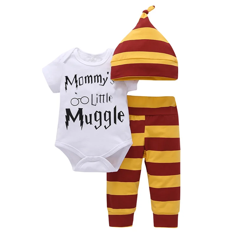 

3 Pieces Sets Baby Girls Clothes 2019 Mommy's Little mgs Tops Romper+harry Stripe Pants+Hat Newborn Baby Boy Clothing