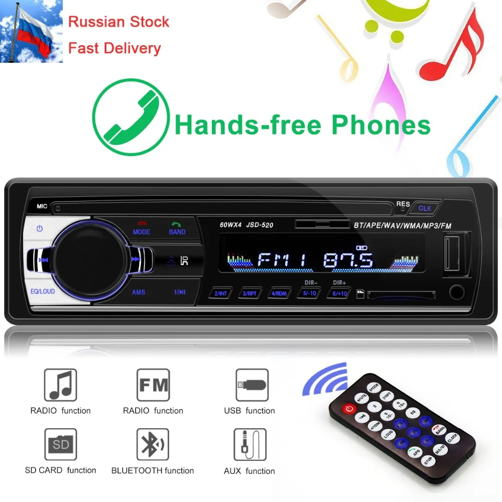 

jsd-520 autoradio 1 Din Bluetooth V2.0 FM Aux Input IR Receiver Remote Control 12v Car radio Stereo Audio FM SD USB MP3 jsd 520